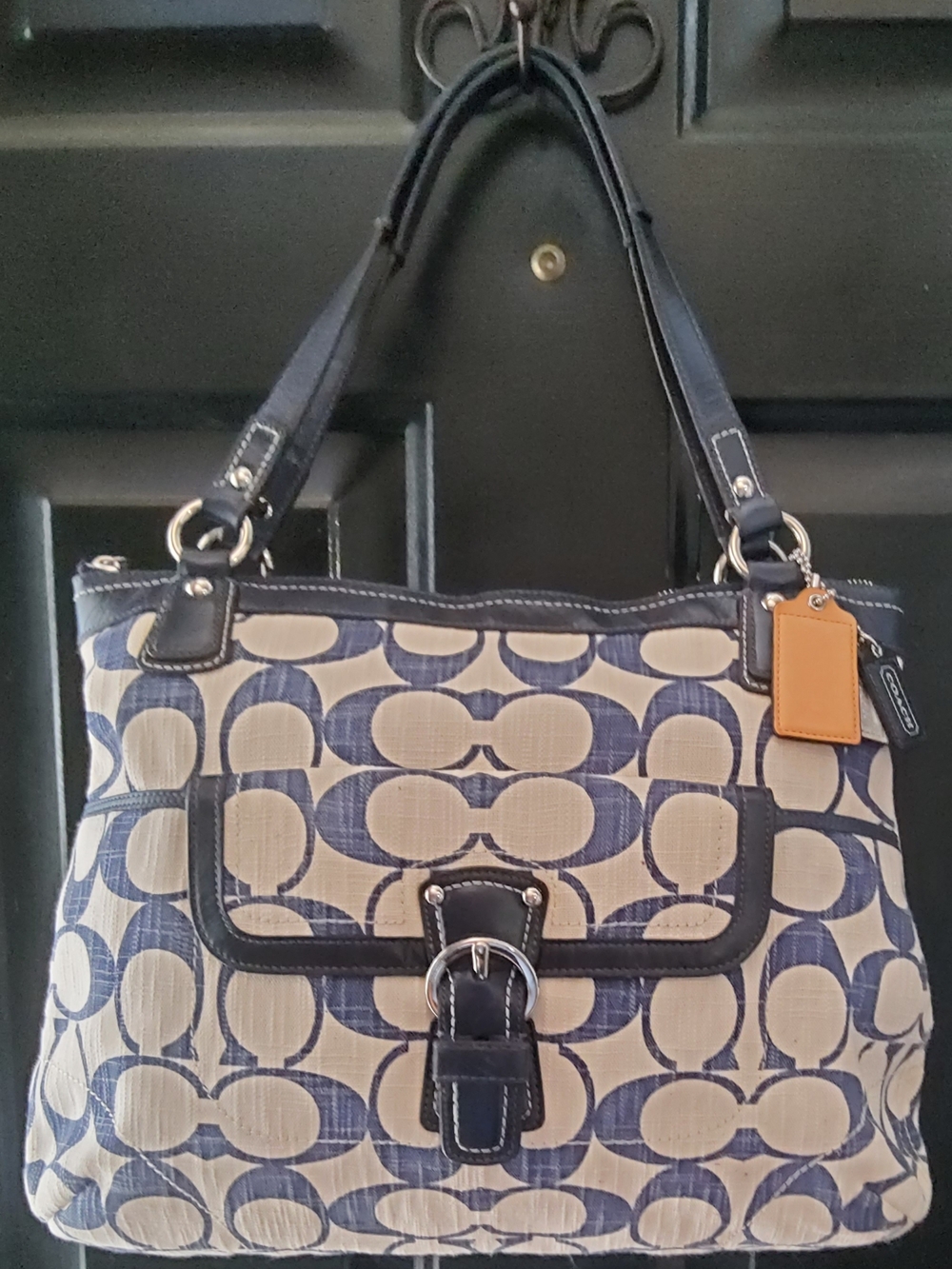 Coach Navy and Cream Signature Canvas Shoulder Tote
